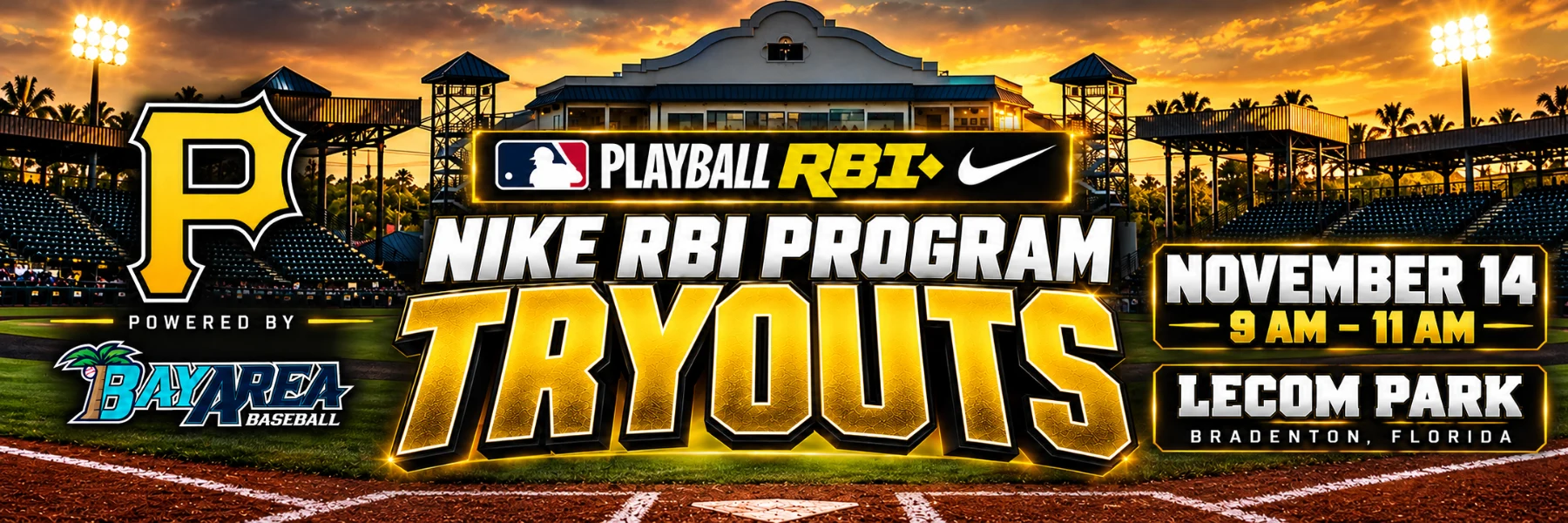 Nike RBI Program tryouts, November 14, 9 to 11 AM, LECOM Park, Bradenton, Florida