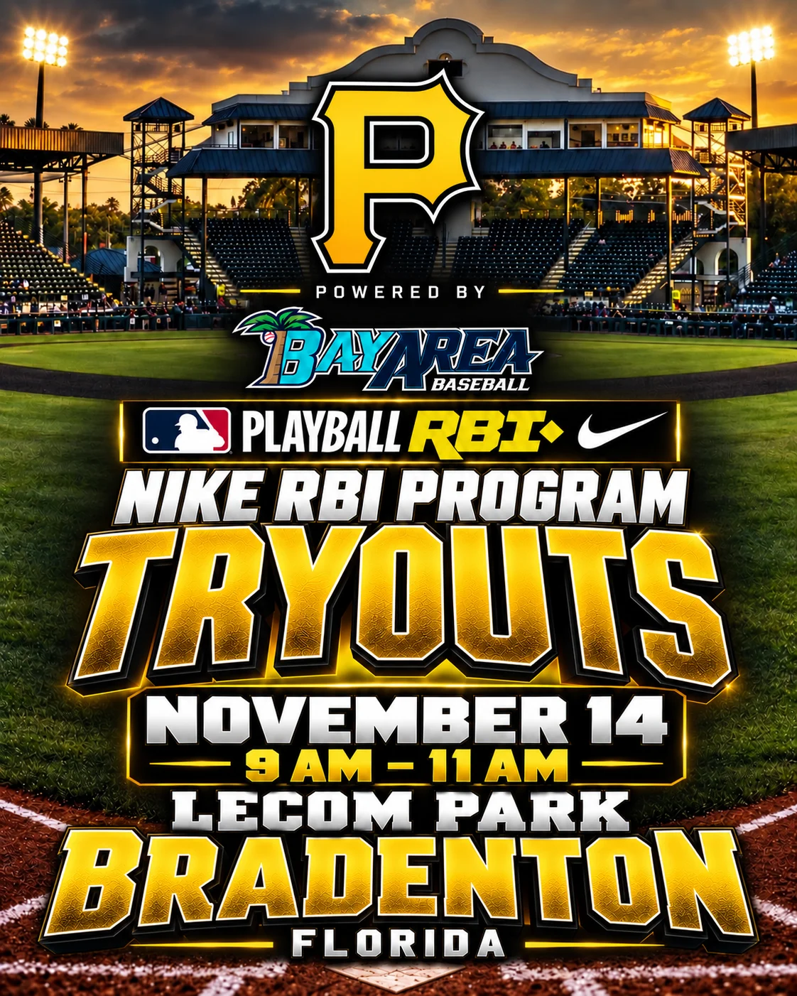 Nike RBI Program tryouts, November 14, 9 to 11 AM, LECOM Park, Bradenton, Florida